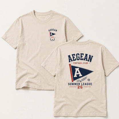 Flat lay of AS Colour 5080 oversized T-shirt with Aegean Football Club desing