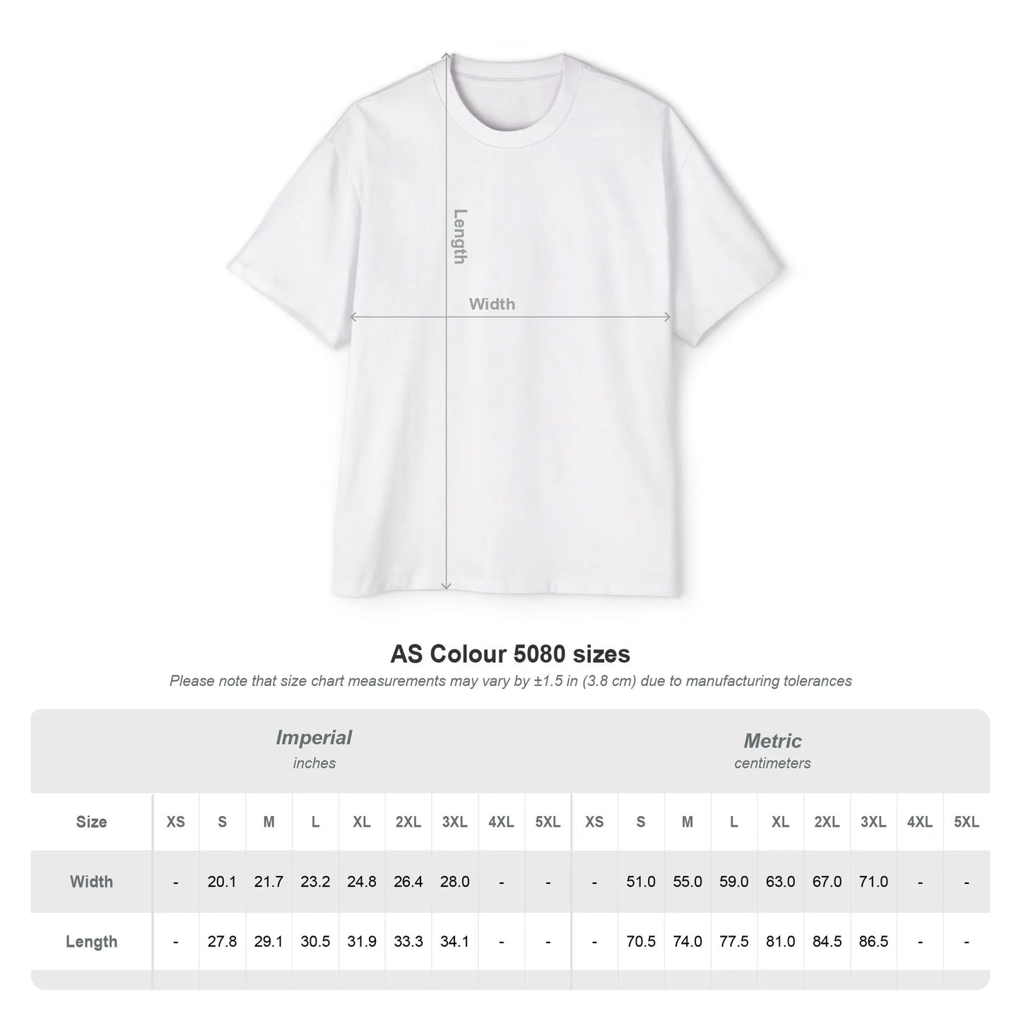 AS Colour 5080 oversized T-shirt size chart for Aegean Football Club Tee