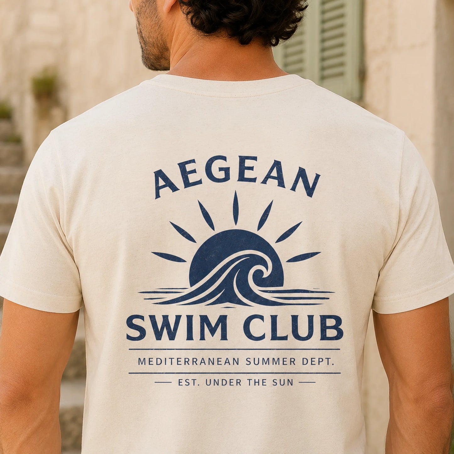 TP HERO: Back view of Aegean Swim Club graphic tee with large coastal summer print
