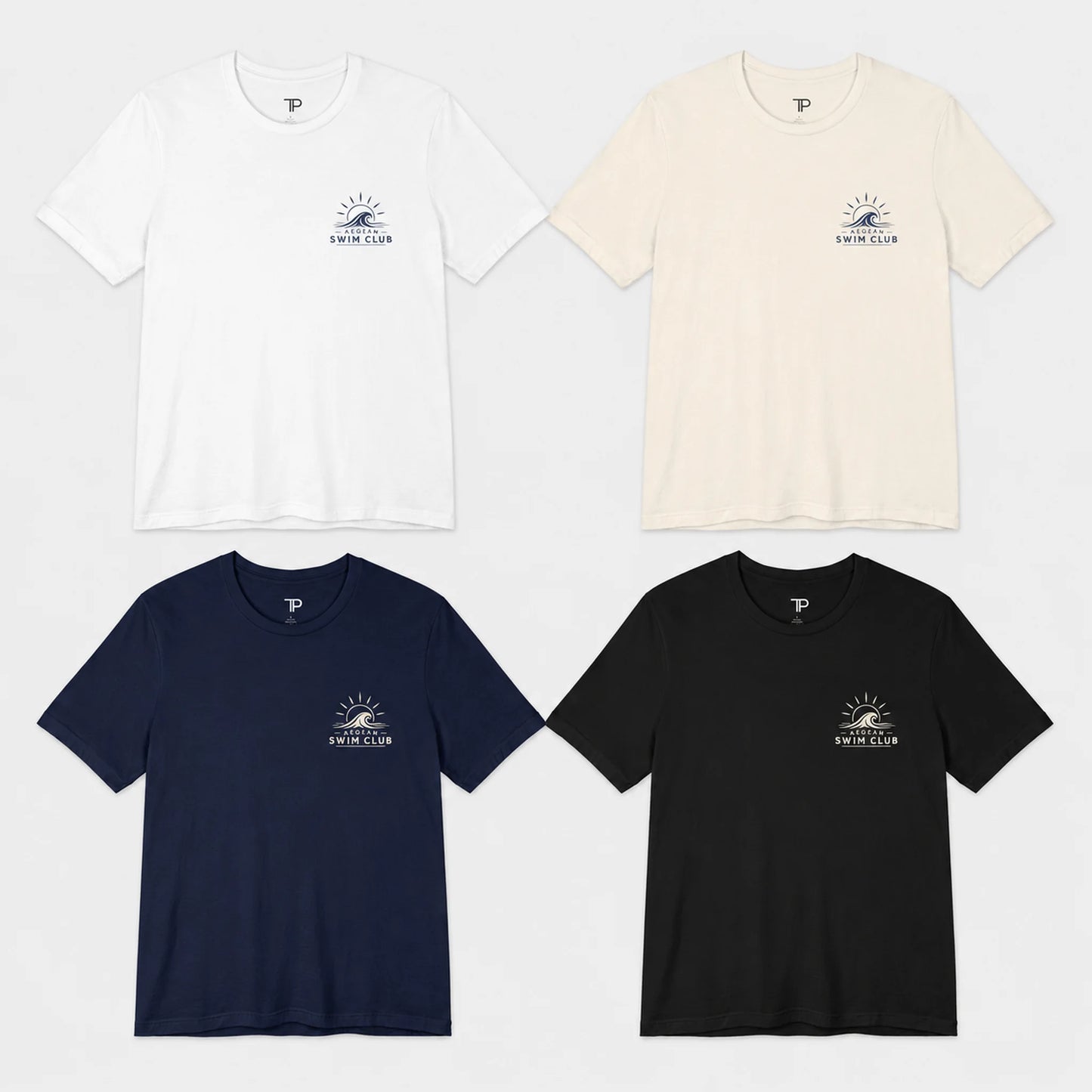 Four t-shirts in white, beige, navy, and black with a logo on a light gray background