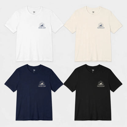 Four t-shirts in white, beige, navy, and black with a logo on a light gray background