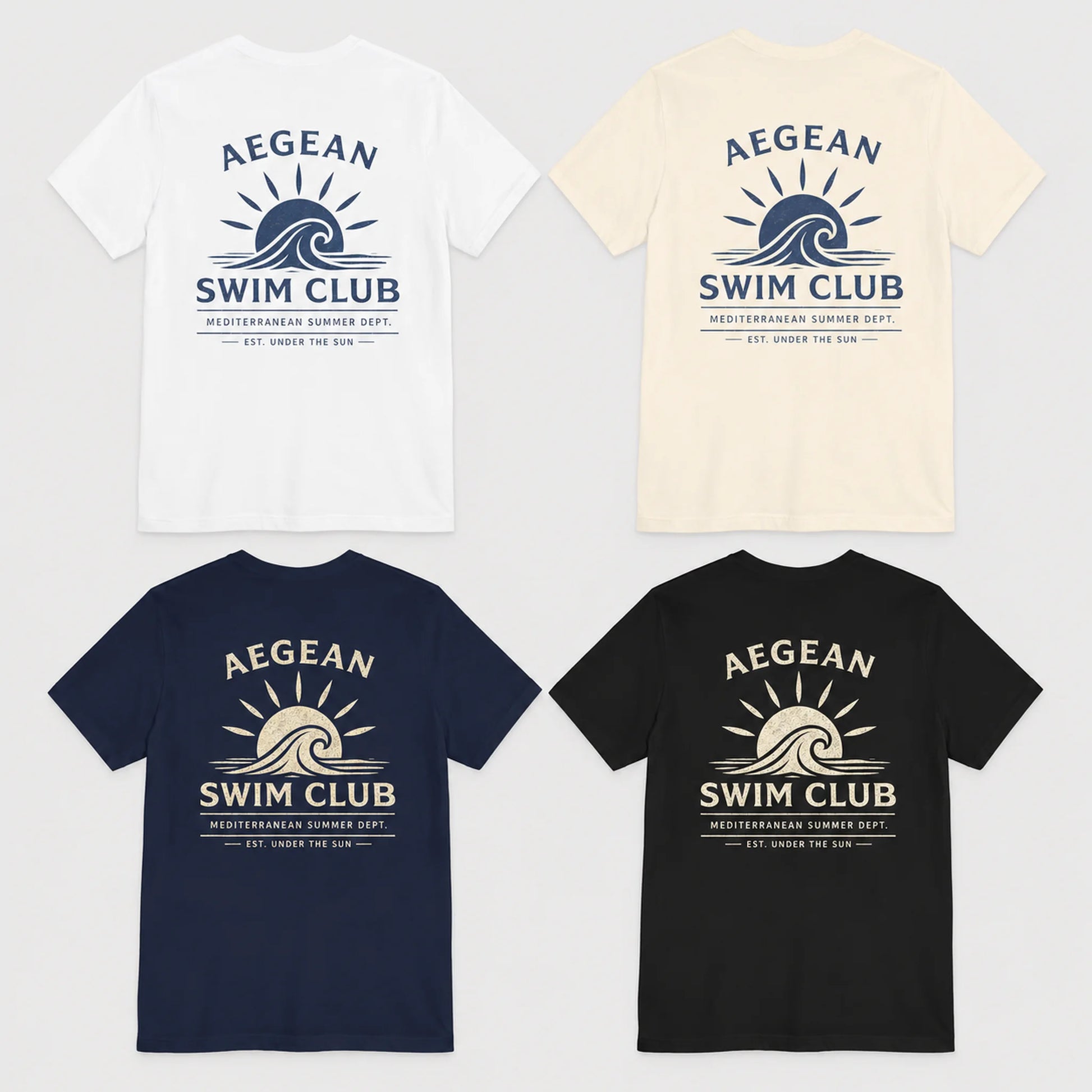 Four t-shirts with 'Aegean Swim Club' design on a white background