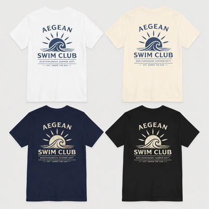Four t-shirts with 'Aegean Swim Club' design on a white background