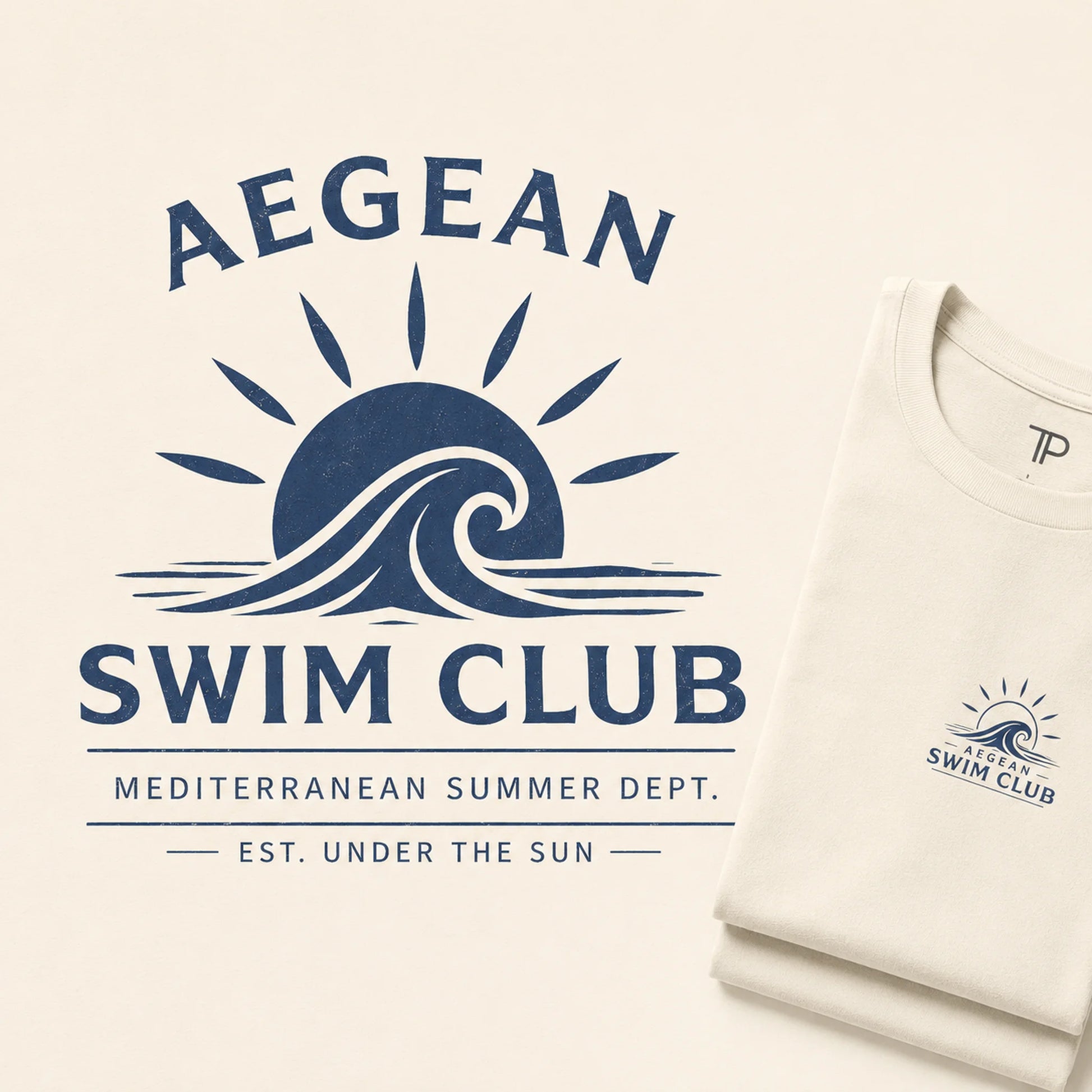 Aegean Swim Club logo on a white background with a folded t-shirt.