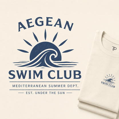 Aegean Swim Club logo on a white background with a folded t-shirt.