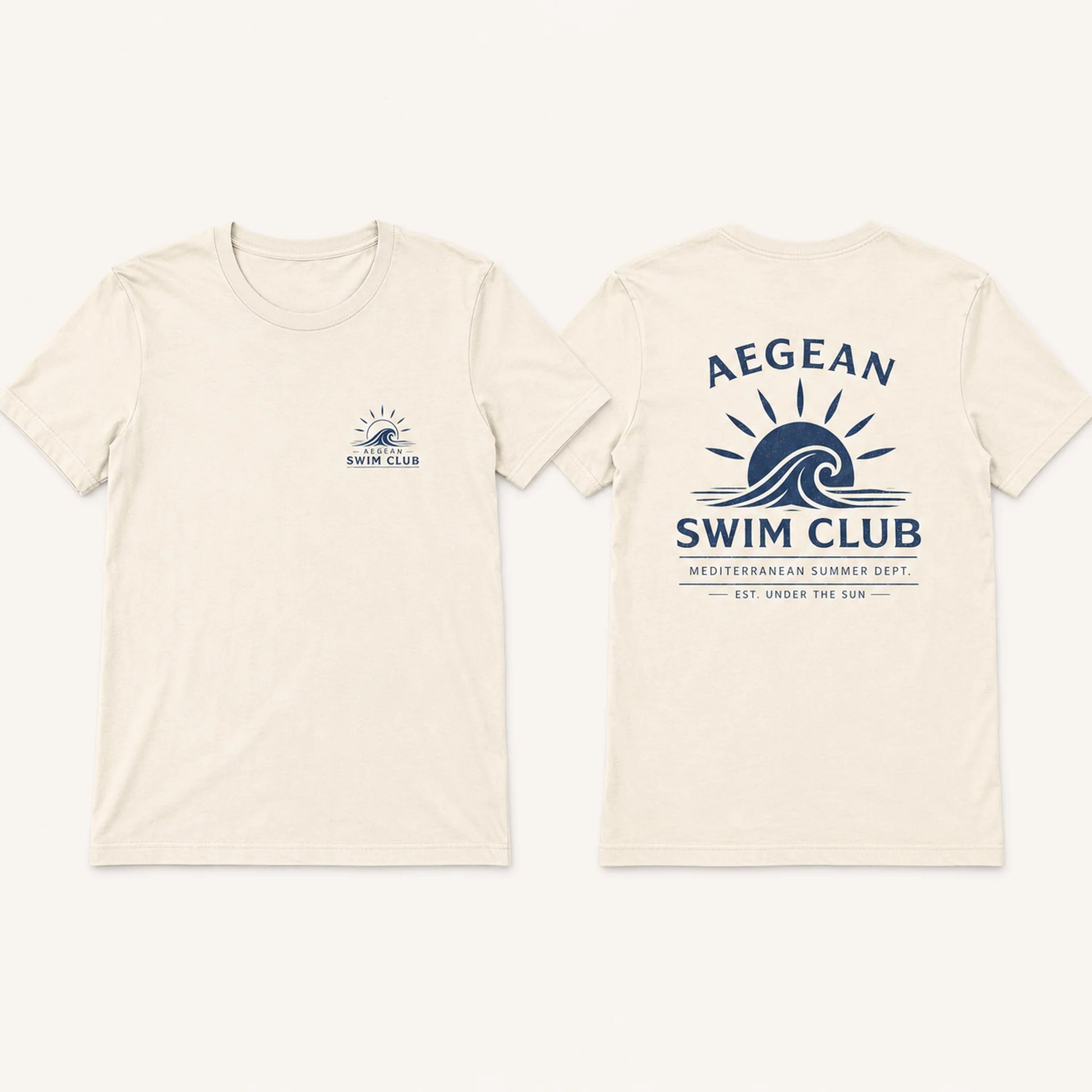 Beige t-shirt with Aegean Swim Club logo on a white background