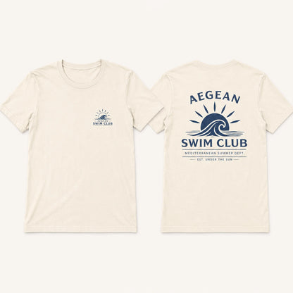 Beige t-shirt with Aegean Swim Club logo on a white background