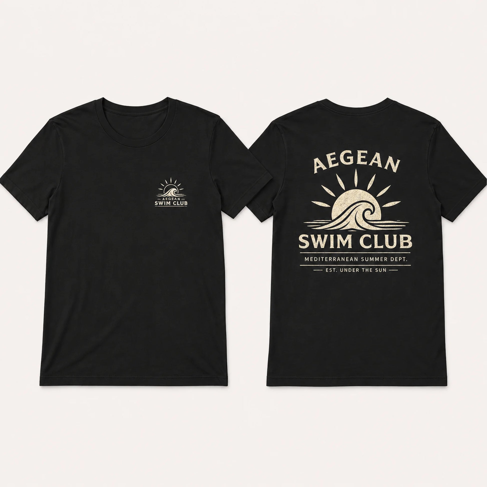 Black t-shirt with 'Aegean Swim Club' design on a white background