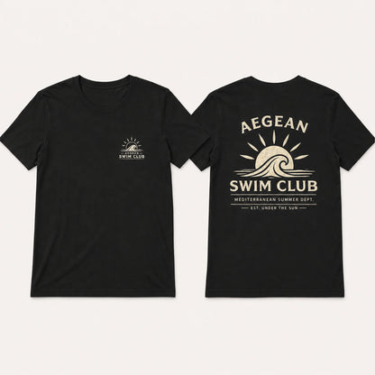 Black t-shirt with 'Aegean Swim Club' design on a white background