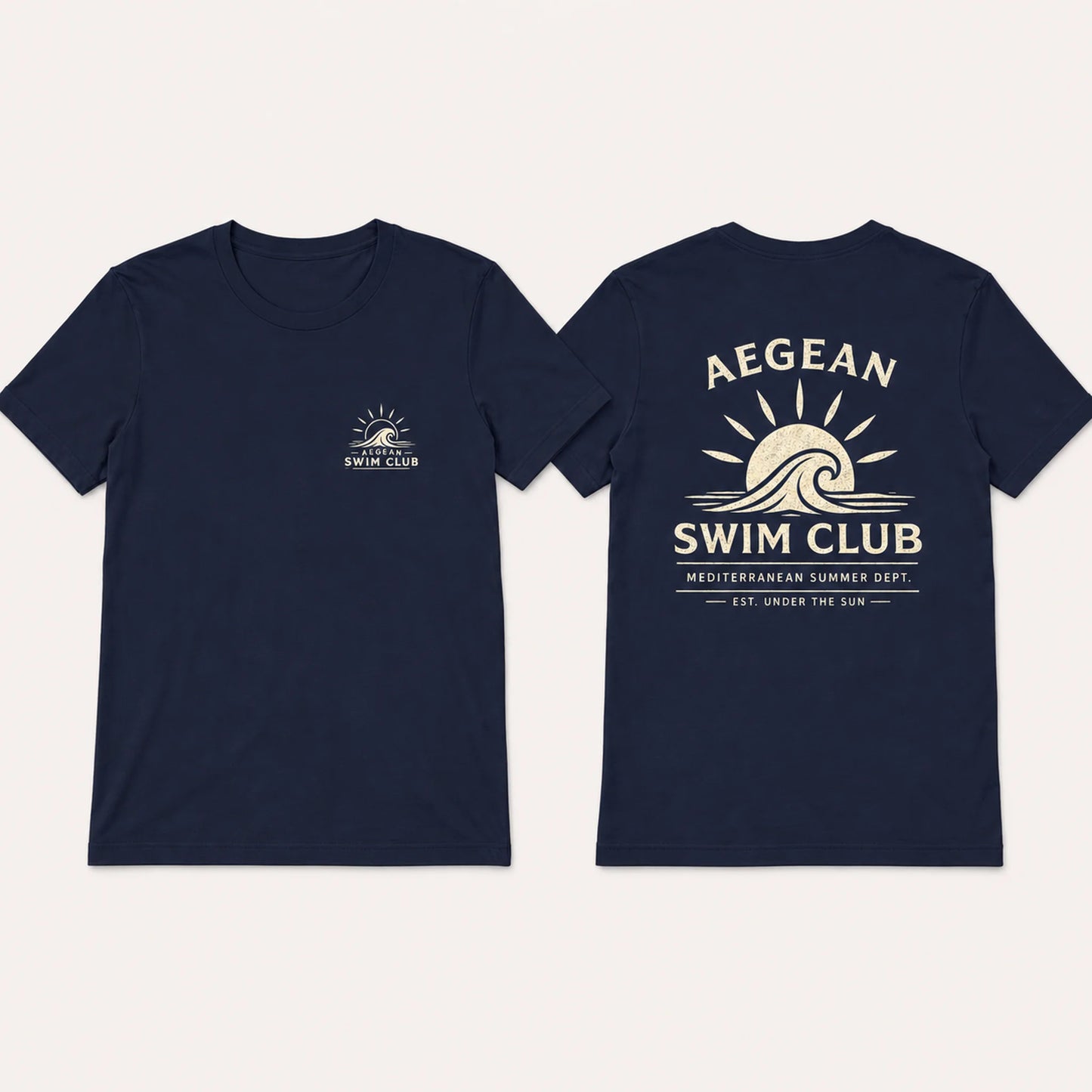 Navy blue t-shirt with 'Aegean Swim Club' logo on a white background