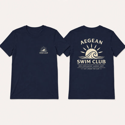 Navy blue t-shirt with 'Aegean Swim Club' logo on a white background