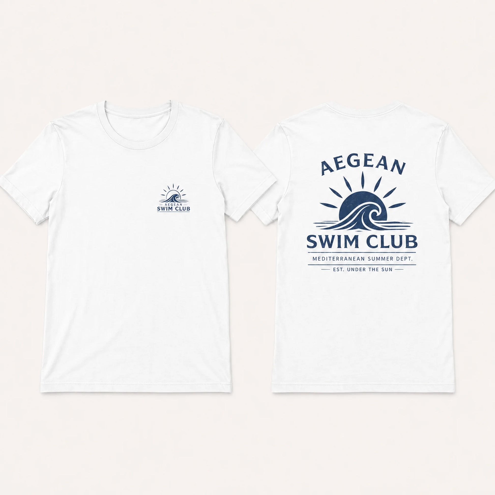 Two white tank tops with Aegean Swim Club logos on a white background