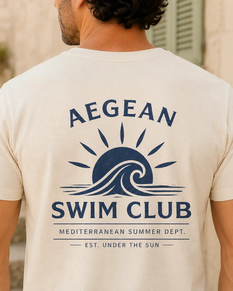Back view of Aegean Swim Club graphic tee with large coastal summer print