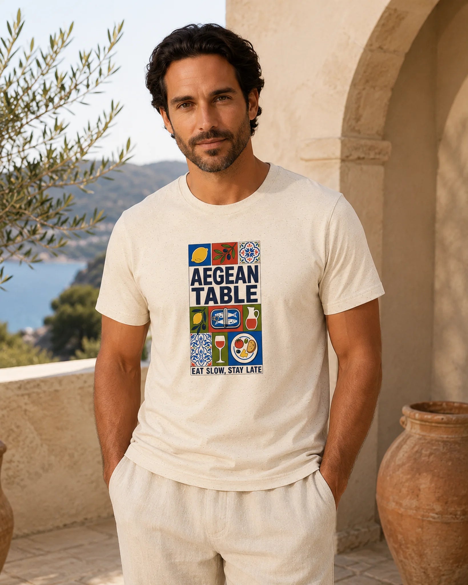 Man wearing a 'Grecian Table' t-shirt standing outdoors with a scenic background.