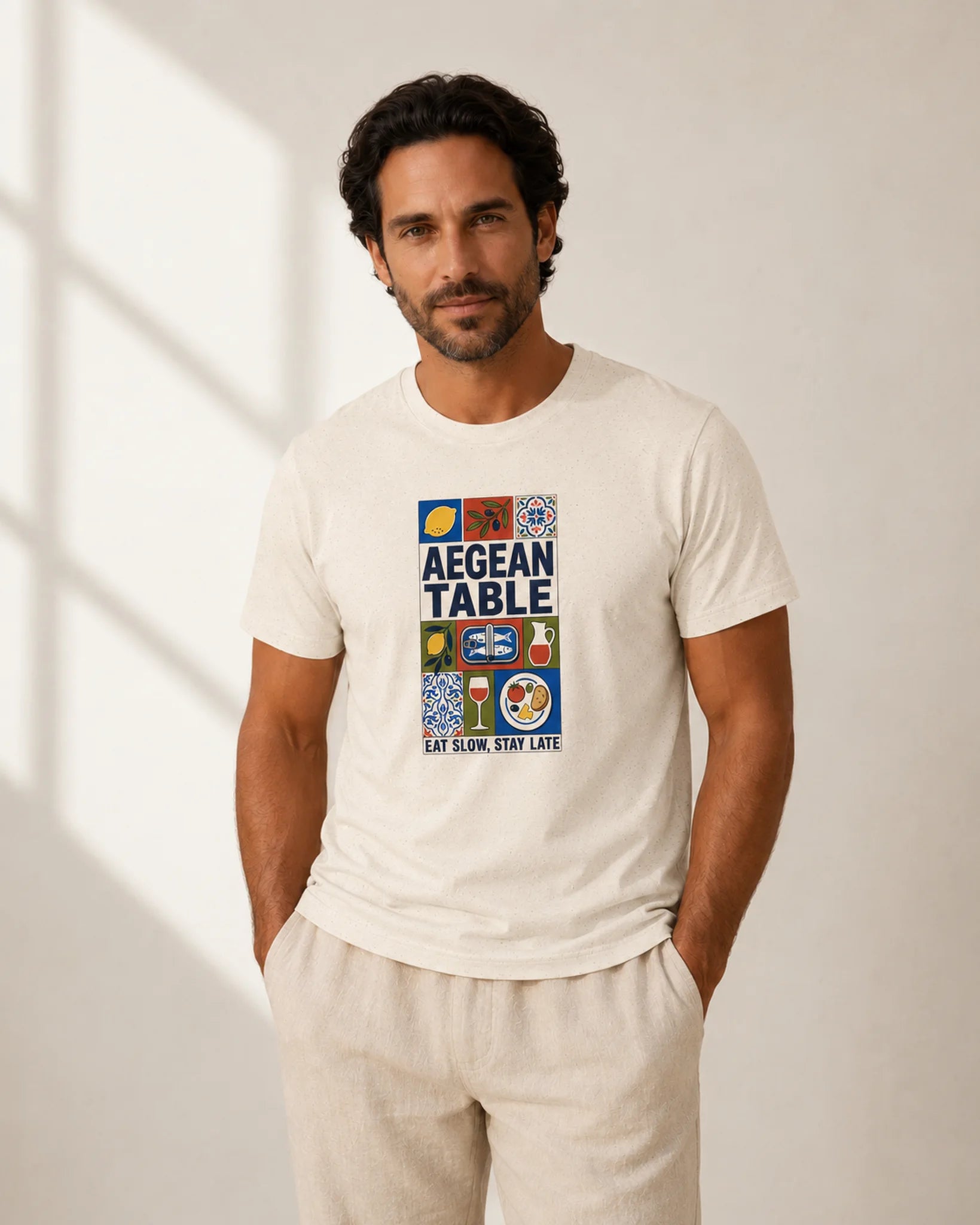 Man wearing a white t-shirt with 'Aegean Table' design against a neutral background