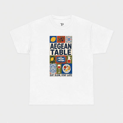 White t-shirt with 'Aegean Table' graphic design on a white background