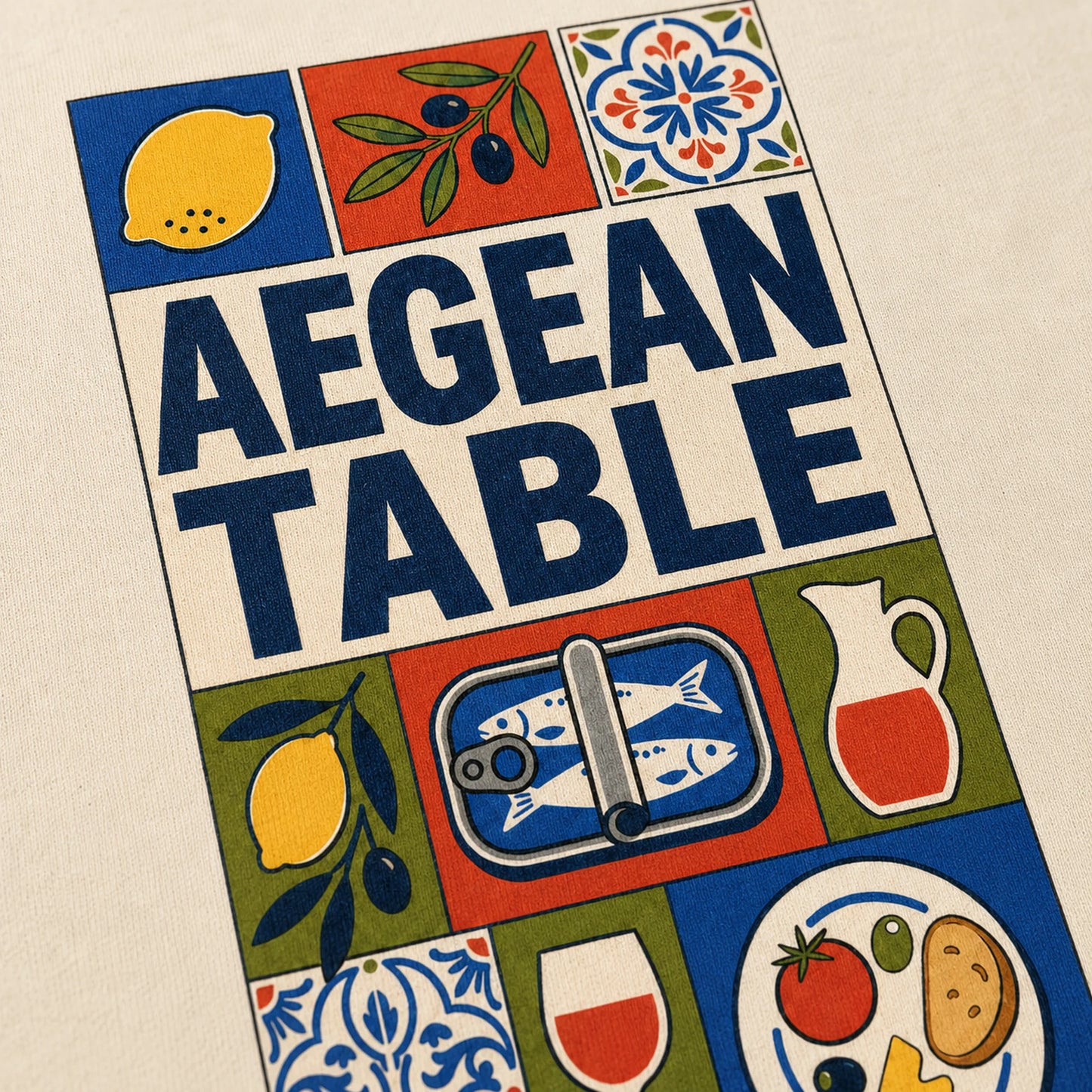 Colorful design with 'Aegean Table' text and various icons on a beige background