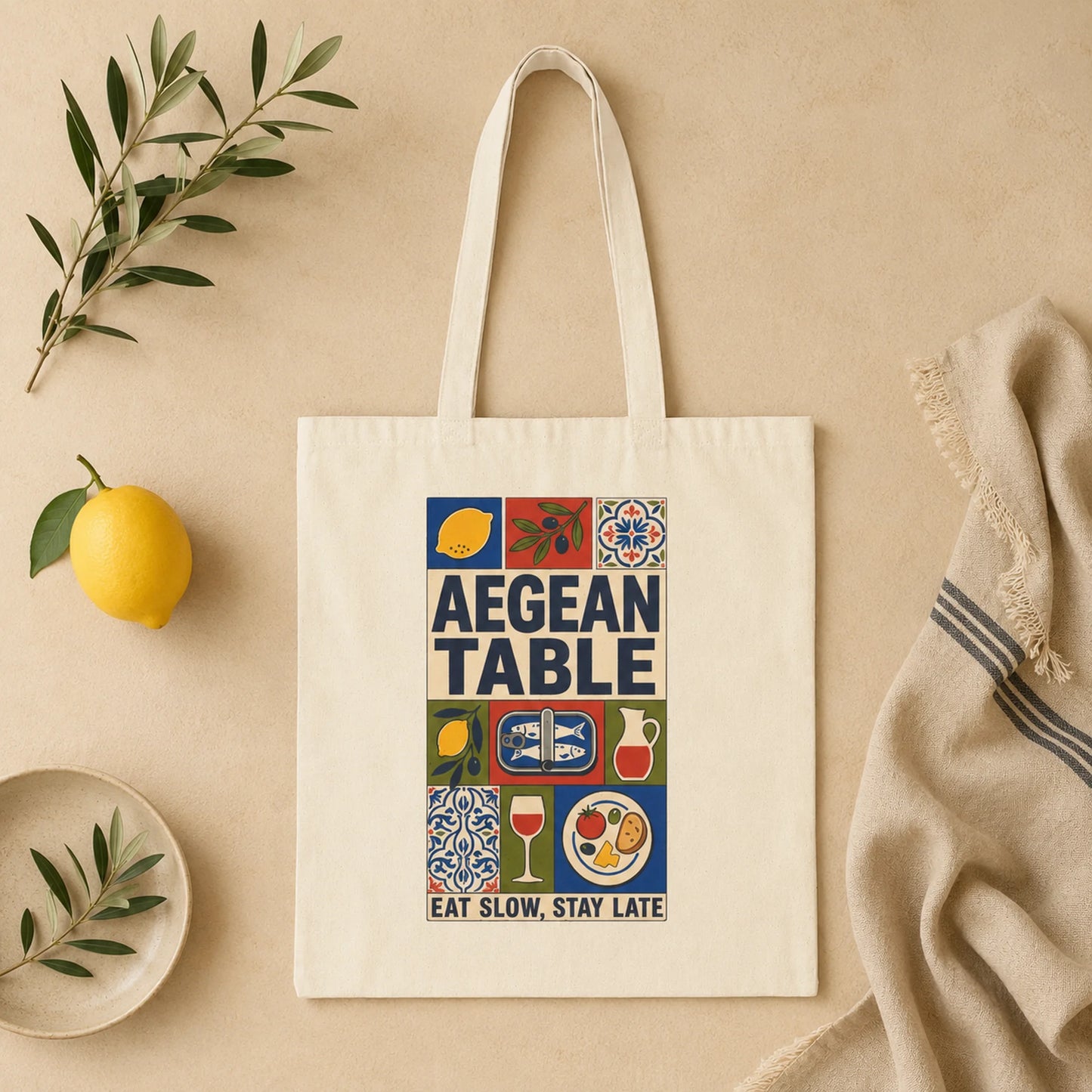 Tote bag with 'Aegean Table' design on a beige background with lemon and olive branch.