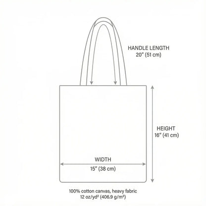 Measurement chart of a tote bag with dimensions and material details.