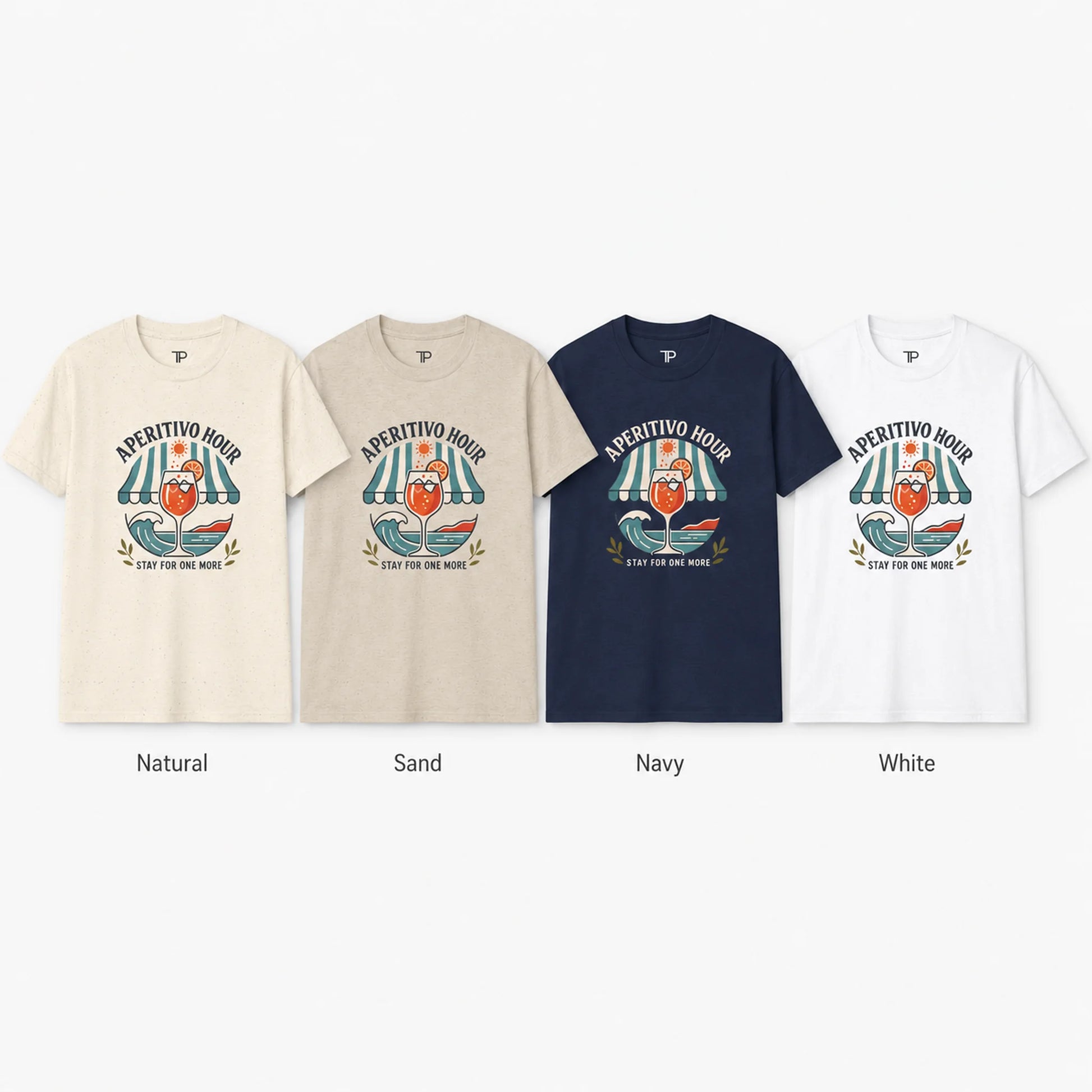 Four t-shirts in different colors with a graphic design on a white background
