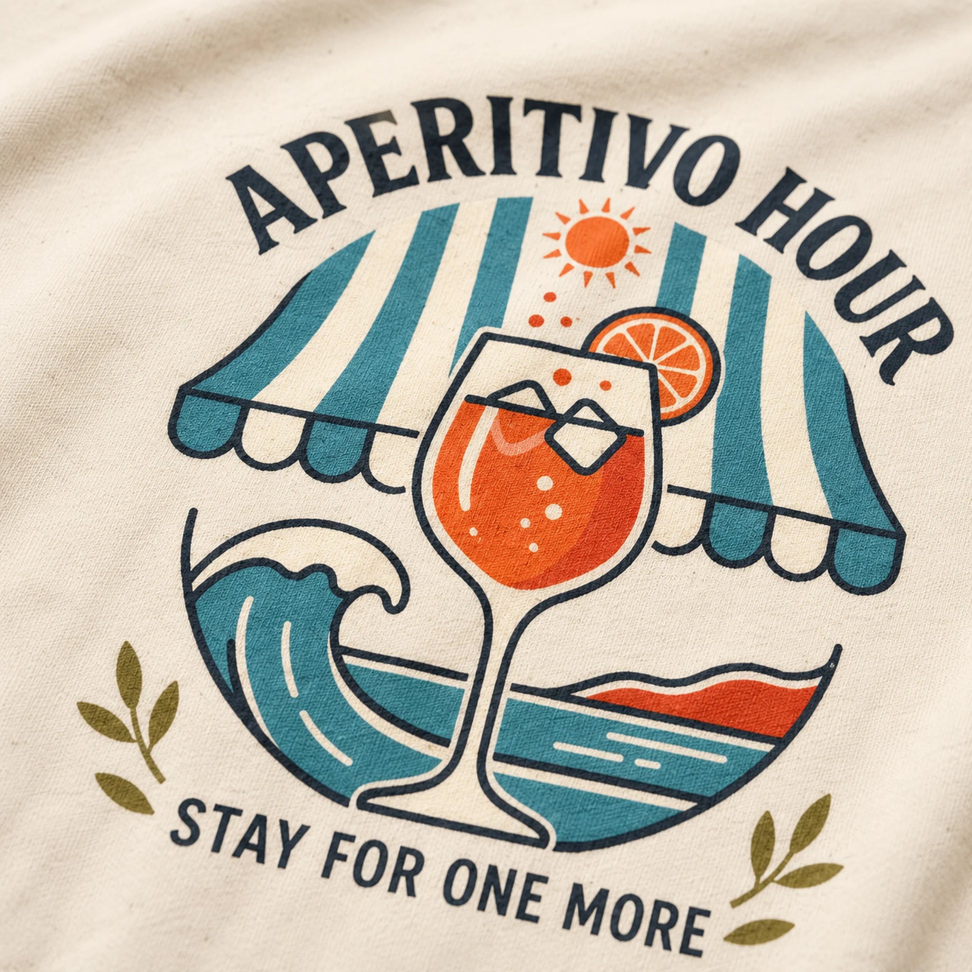 T-shirt design with a cocktail graphic and 'Aperitivo Hour, Stay for One More' text on a beige background.