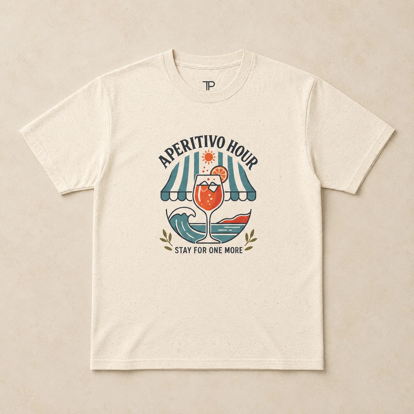 Beige t-shirt with 'Aperitivo Hour' graphic design on a beige background