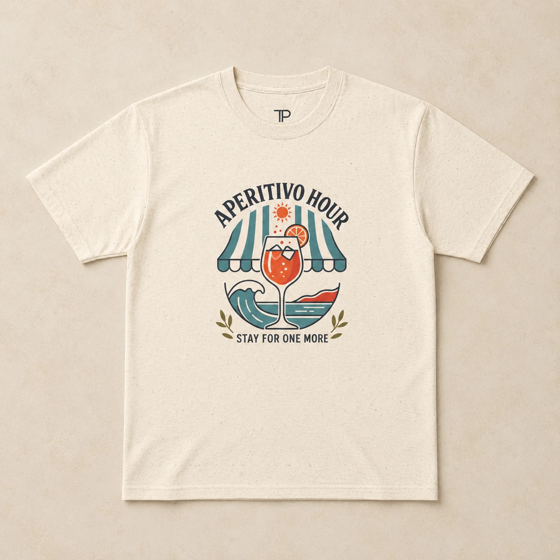 Beige t-shirt with 'Aperitivo Hour' graphic design on a beige background