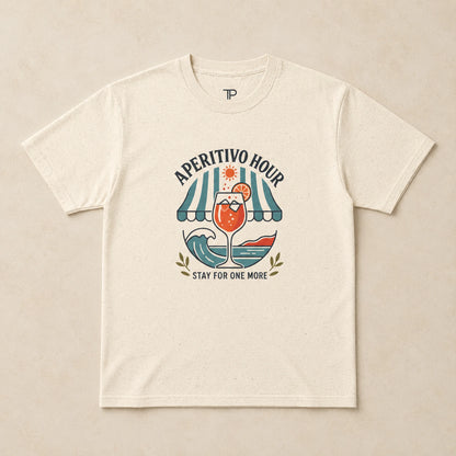 Beige t-shirt with 'Aperitivo Hour' graphic design on a beige background