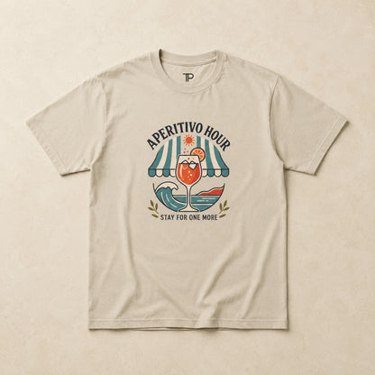 Beige t-shirt with 'Aperitivo Hour' graphic design on a beige background