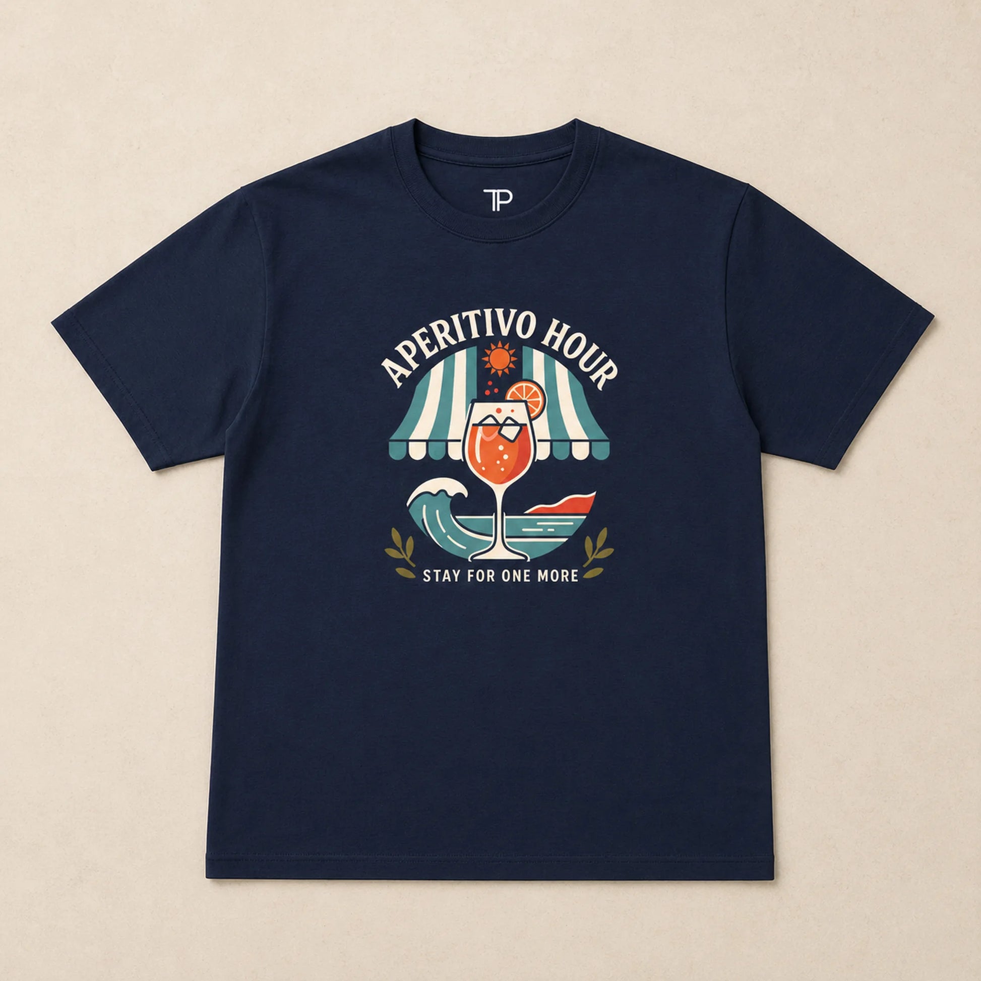 Navy blue t-shirt with 'Aperitivo Hour' graphic design on a beige background