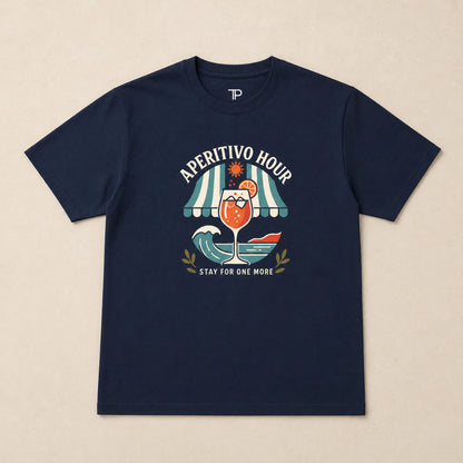 Navy blue t-shirt with 'Aperitivo Hour' graphic design on a beige background