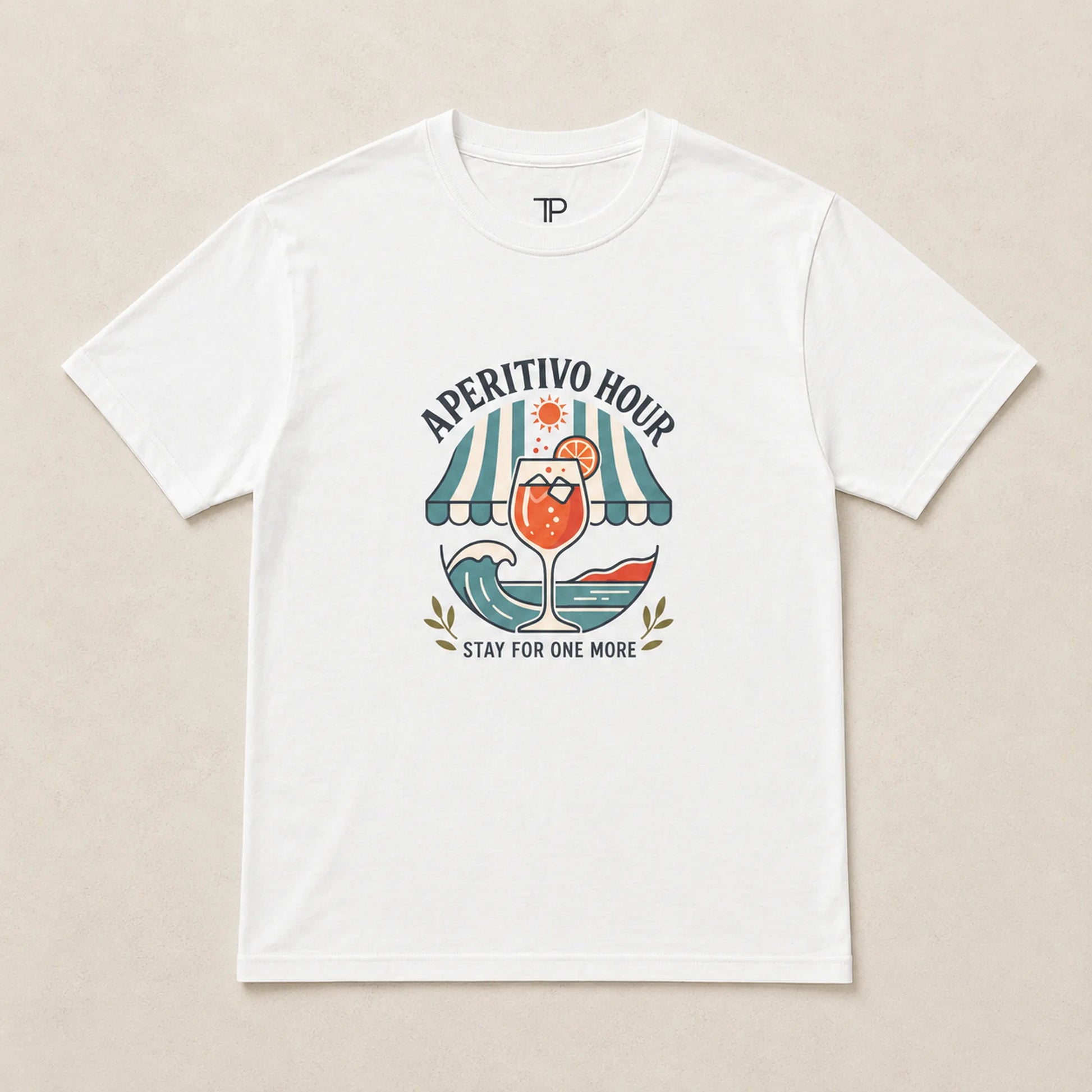 White t-shirt with a colorful graphic design on a beige background