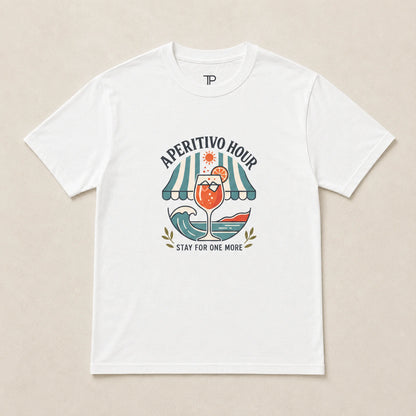 White t-shirt with a colorful graphic design on a beige background