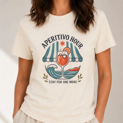 TP HERO: Person wearing a white t-shirt with 'Aperitivo Hour' graphic design.