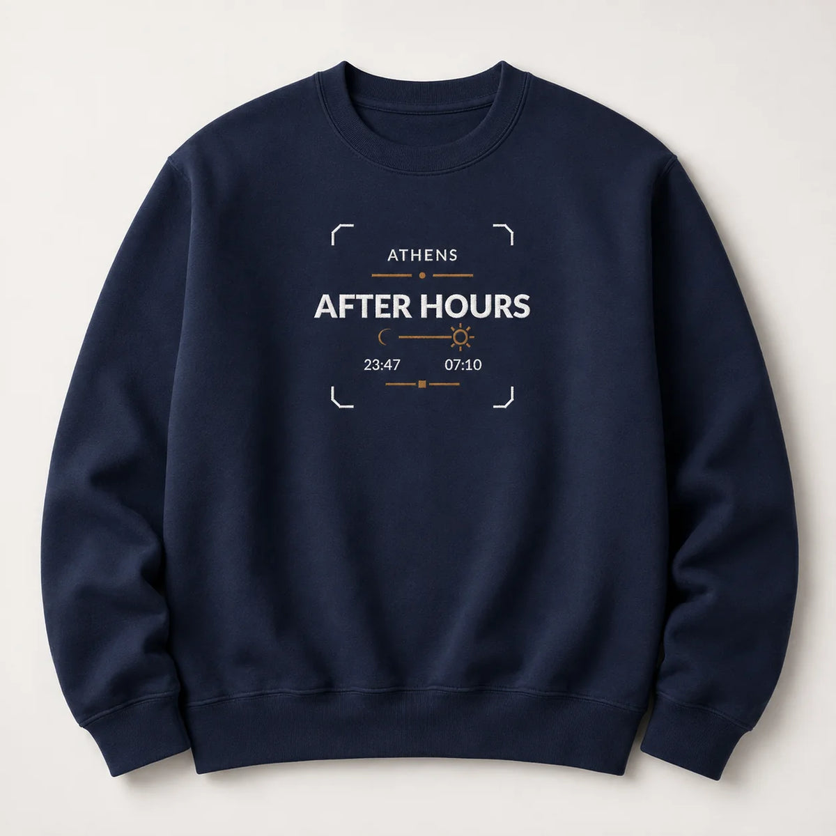 A navy blue crewneck sweatshirt with a embroidered design on the front reading 'ATHENS AFTER HOURS' and showing stylized time details, displayed against a light beige background.