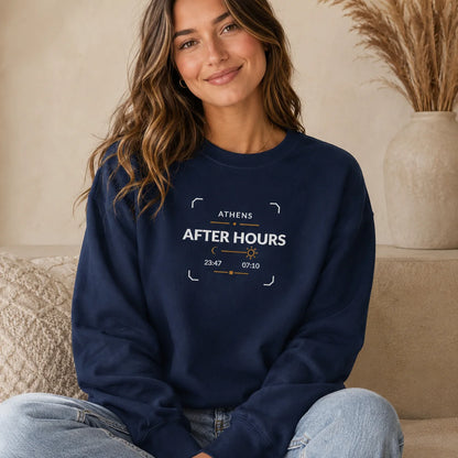 Female model wearing the True Navy Athens After Hours embroidered sweatshirt, featuring the 23:47 to 07:10 center-chest design.