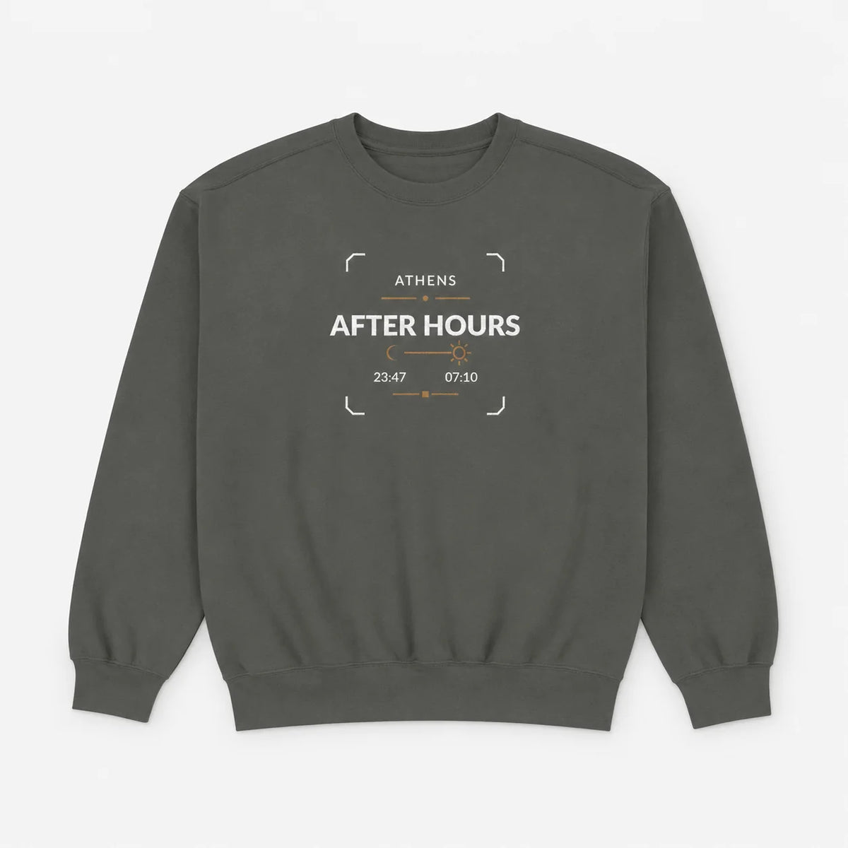 Pepper garment-dyed crewneck sweatshirt shown in a flat lay on a light background, featuring the Athens After Hours chest embroidery.