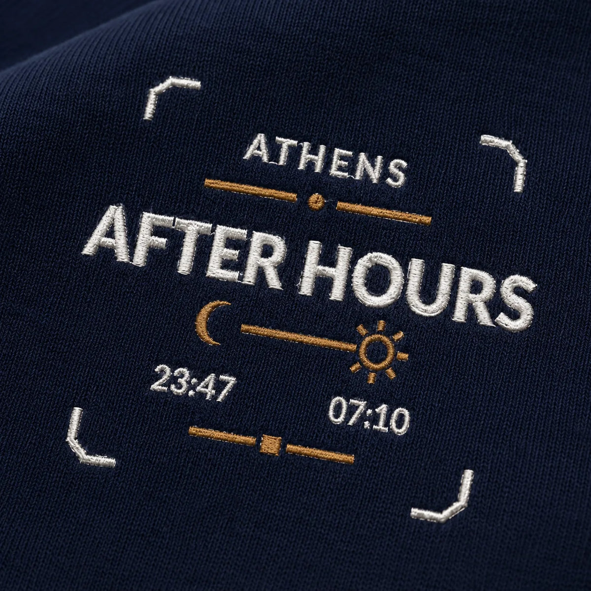 Close-up of the True Navy Athens After Hours Embroidered Sweatshirt embroidery and stitch detail.