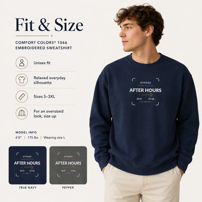 Athens After Hours Fit and Size guide with a model in True Navy, Comfort Colors 1566 fit information, sizes S-3XL and True Navy and Pepper color references.