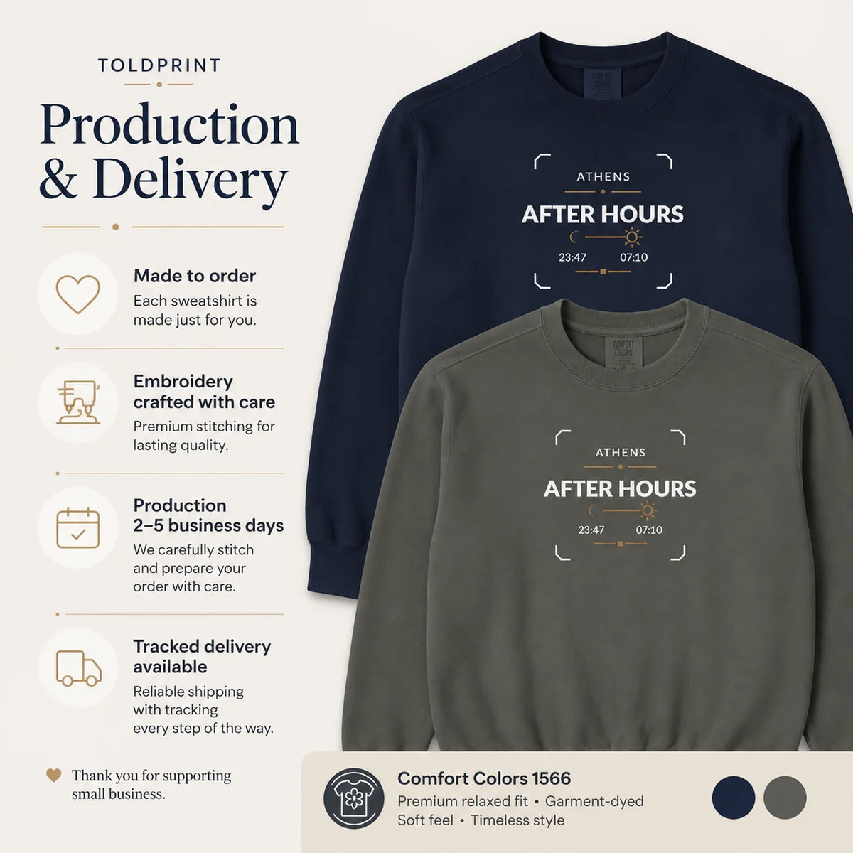 Athens After Hours Production and Delivery guide showing True Navy and Pepper embroidered sweatshirts with made-to-order, production and tracked-delivery information.