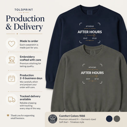 Athens After Hours Production and Delivery guide showing True Navy and Pepper embroidered sweatshirts with made-to-order, production and tracked-delivery information.