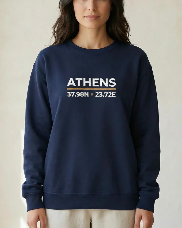 Athens Coordinates Embroidered Sweatshirt, Minimal City Design, Mediterranean Aesthetic, Unisex Crewneck, ToldPrint Medite...