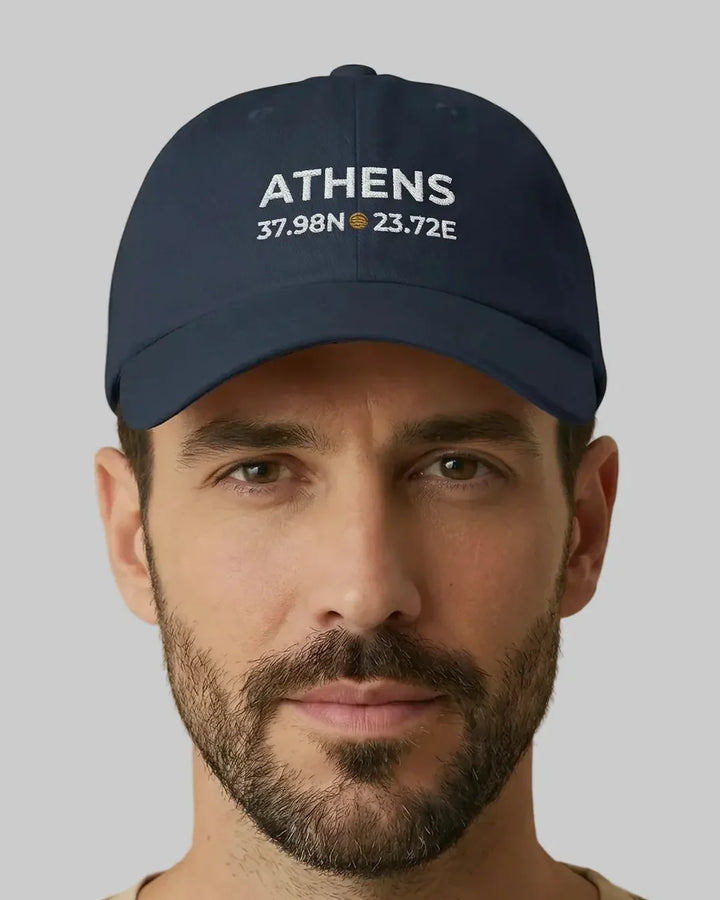 Athens Coordinates Dad Cap, Embroidered City Design Hat, Minimal Cotton Cap, Adjustable Unisex Hat, ToldPrint Mediterranea...