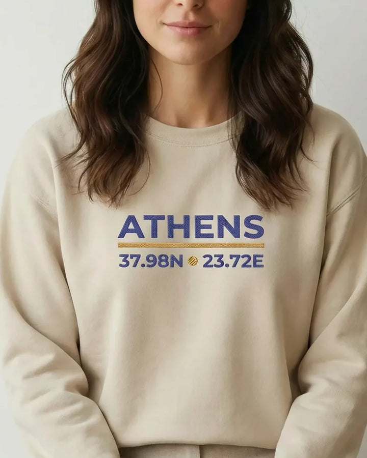 Athens Coordinates Embroidered Sweatshirt, Minimal City Design, Mediterranean Aesthetic, Unisex Crewneck, ToldPrint Medite...