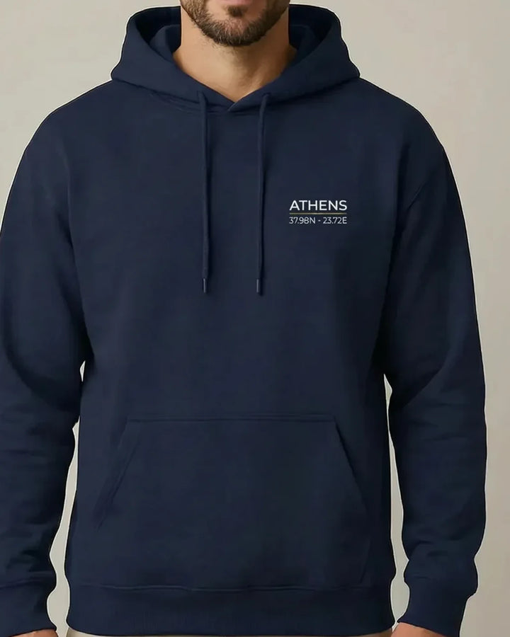 Athens Coordinates Embroidered Hoodie, Minimal City Design, Travel Hoodie, Unisex Hooded Sweatshirt, ToldPrint Mediterrane...