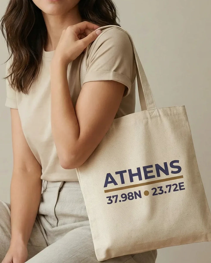Athens Coordinates Tote Bag, Minimal City Design, Canvas Shopper, Travel Tote, ToldPrint Mediterranean graphic tote bag