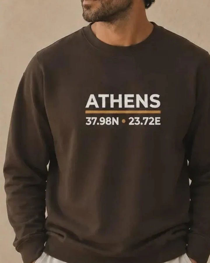 Athens Coordinates Embroidered Sweatshirt, Minimal City Design, Mediterranean Aesthetic, Unisex Crewneck, ToldPrint Medite...