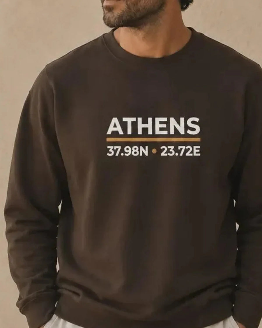 Athens Coordinates Embroidered Sweatshirt, Minimal City Design, Mediterranean Aesthetic, Unisex Crewneck, ToldPrint Medite...