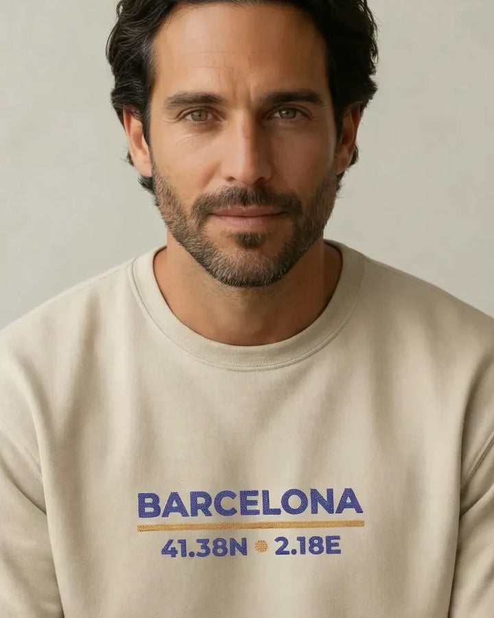 Barcelona Coordinates Embroidered Sweatshirt, Minimal City Design, Mediterranean Aesthetic, Unisex Crewneck, ToldPrint Med...