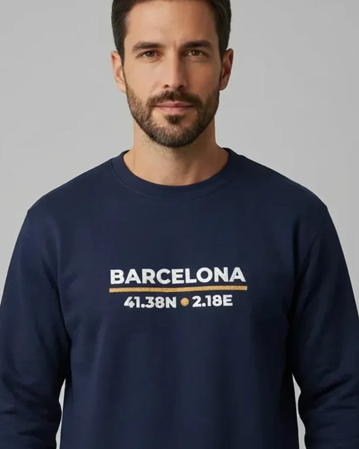 Barcelona Coordinates Night Sweatshirt, Minimal Embroidery, Evening City Aesthetic, Unisex Crewneck, ToldPrint Mediterrane...